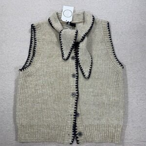 Sassy By Car Boutique Sweater Vest Womens M Cream Oatmeal Tie Neck Button Front
